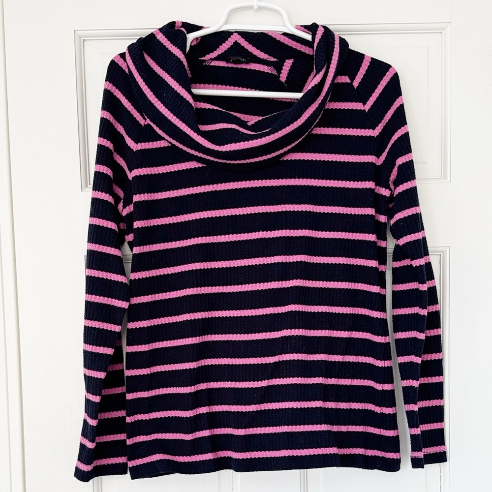 TALBOTS top size M blue pink striped cowl neck waffle knit shirt